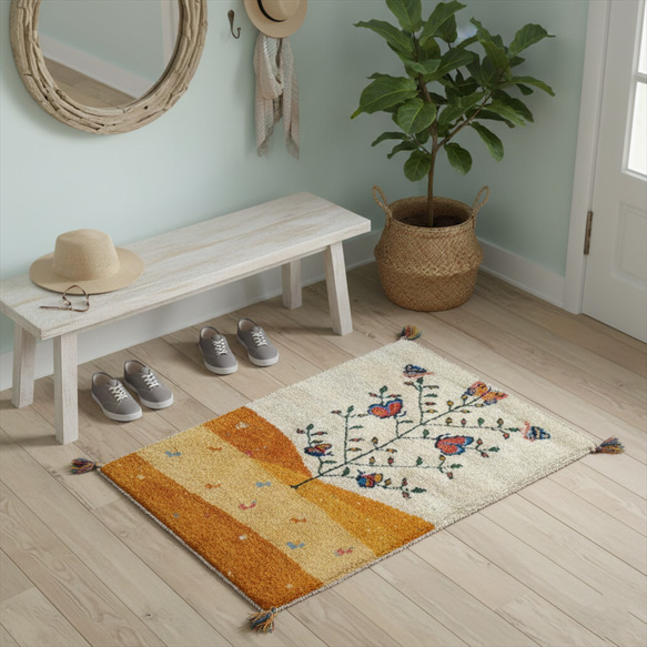 ペルシャ ギャッベ 玄関マット 88x63㎝ ベージュ 黄金色 蝶 RJ5240