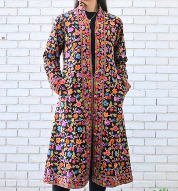 コート メリノウール カシミール刺繍 手刺繡 花柄 インド製 一点物