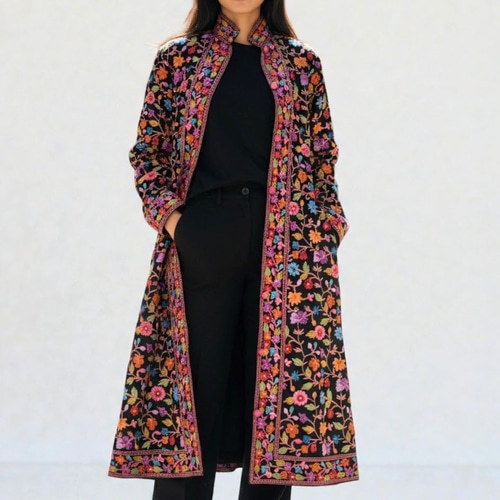 コート メリノウール カシミール刺繍 手刺繡 花柄 インド製 一点物