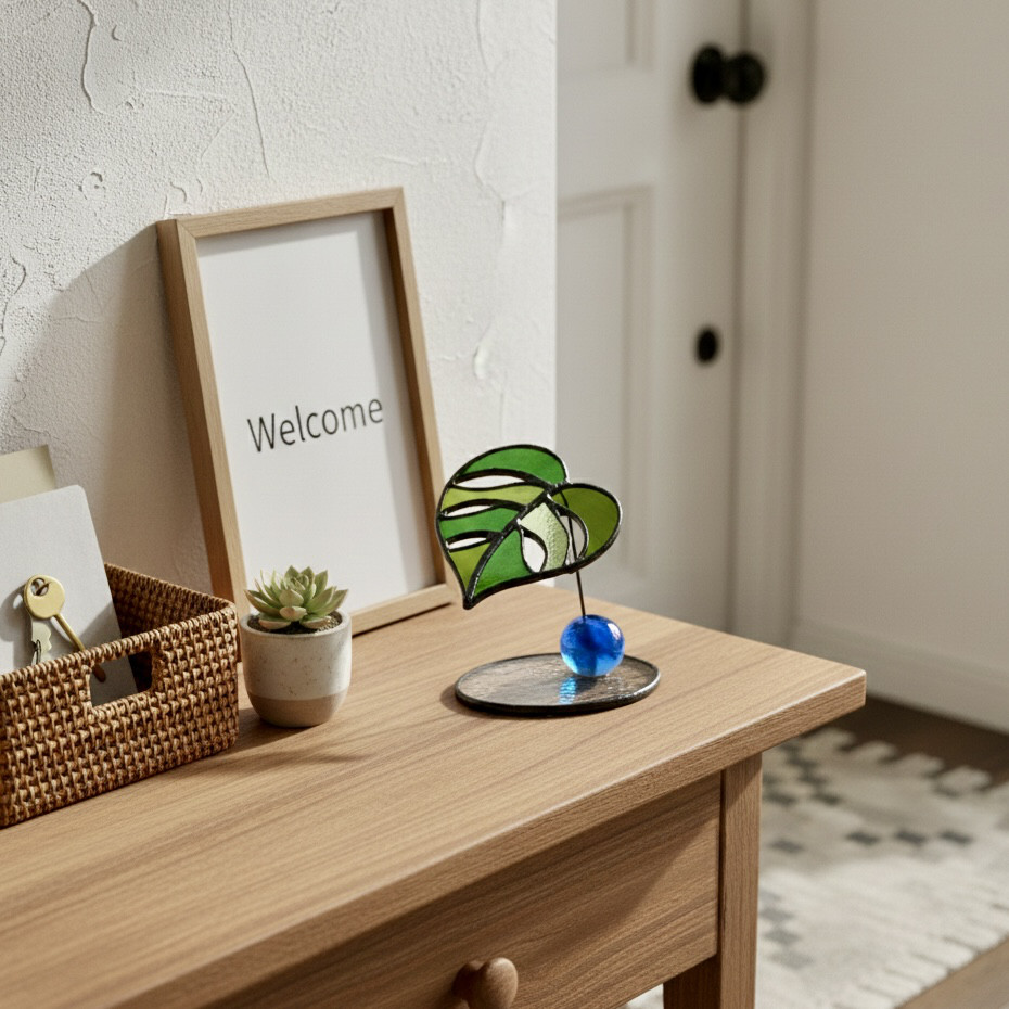 トンボ玉の一輪挿し（大）、ステンドグラスのモンステラ、ガラスのミニ観葉