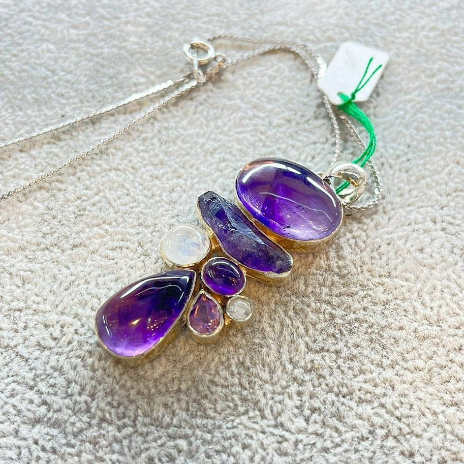 アメジスト ペンダントトップ シルバー925 ムーンストーン 原石カット 天然石 ハンドメイド 一点もの