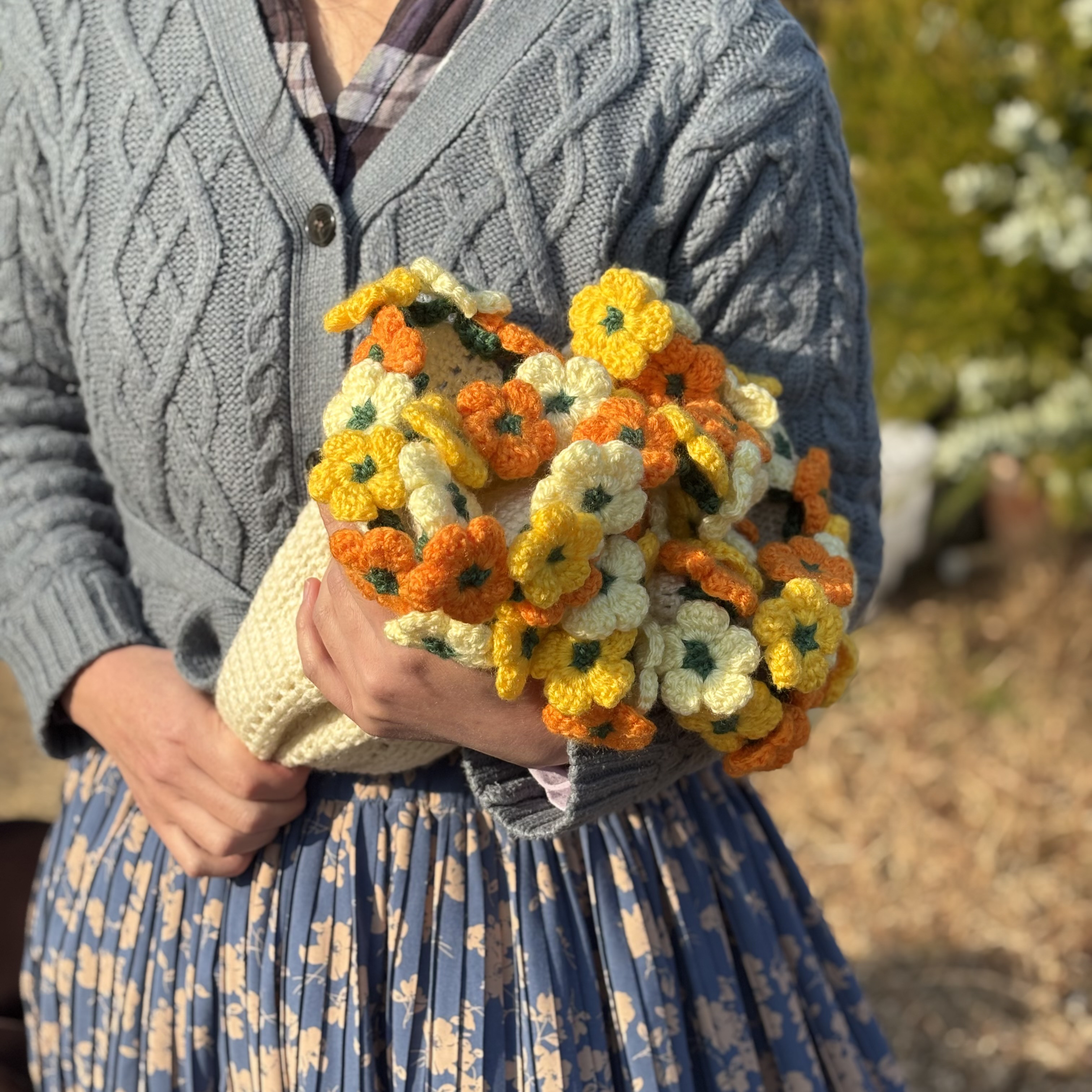 【大きめサイズ】フラワーブーケ風ニットブランケット[小花/イエロー]