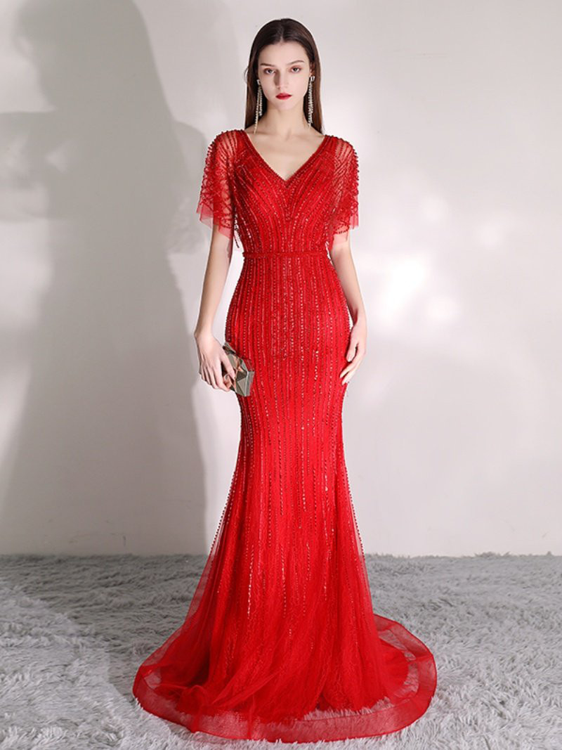高級感 赤 Vネック きらきら マーメイドドレス スリム 優雅 花嫁 演奏会 二次会 前撮り 披露宴 BL031