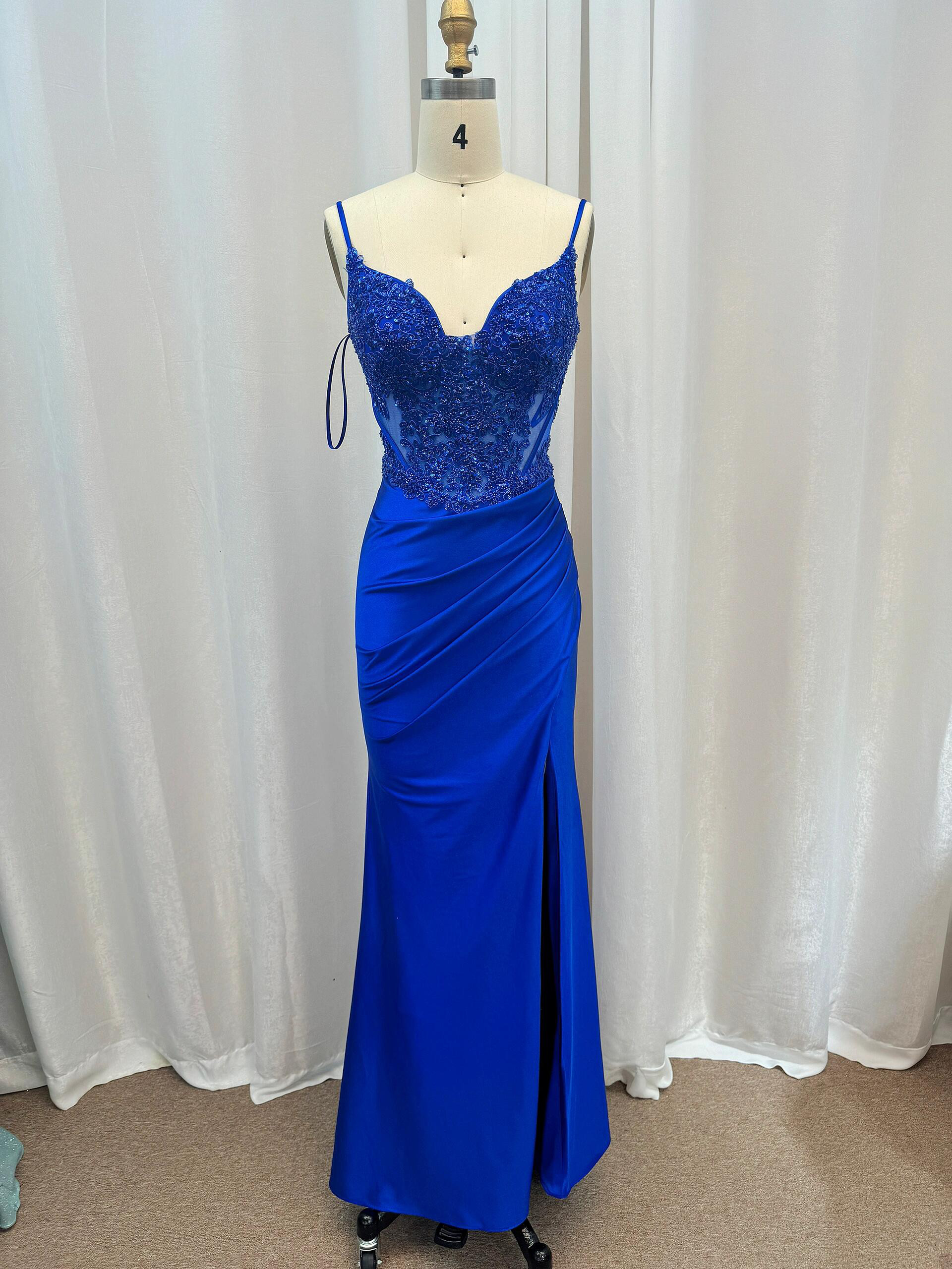 新着商品　瑠璃色　サテン　タイトスカート　ギャザーフリル　チャック　背中空き　パーティードレスコンテスト衣装ステージ演奏