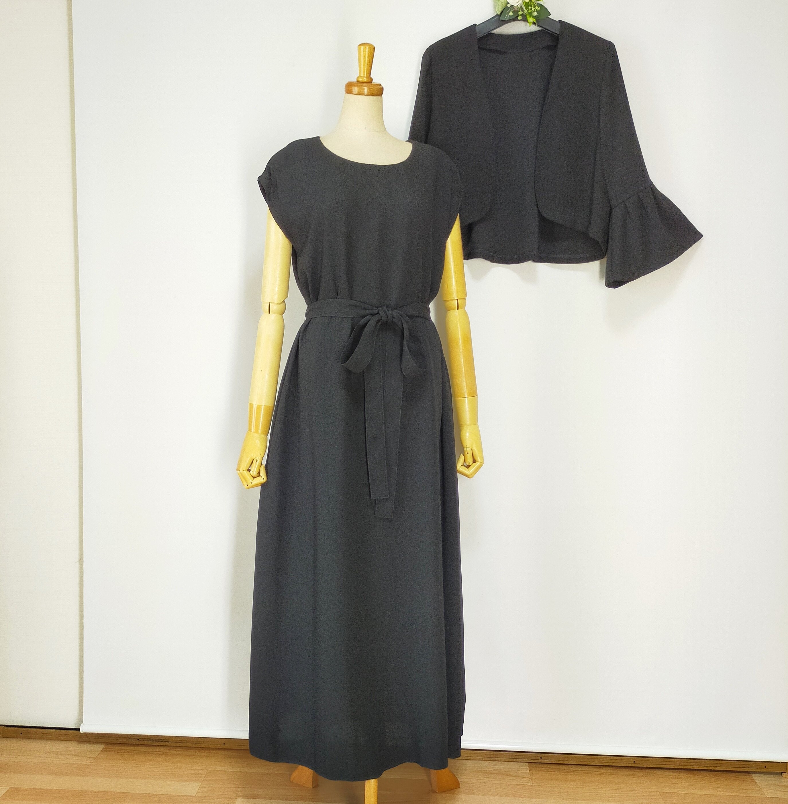 ⁂受注製作*ブラックフォーマル*アンサンブル*フレンチワンピ+ボレロ*黒ジョーゼット*裏付き*卒業式*M〜L*送料無料㊳