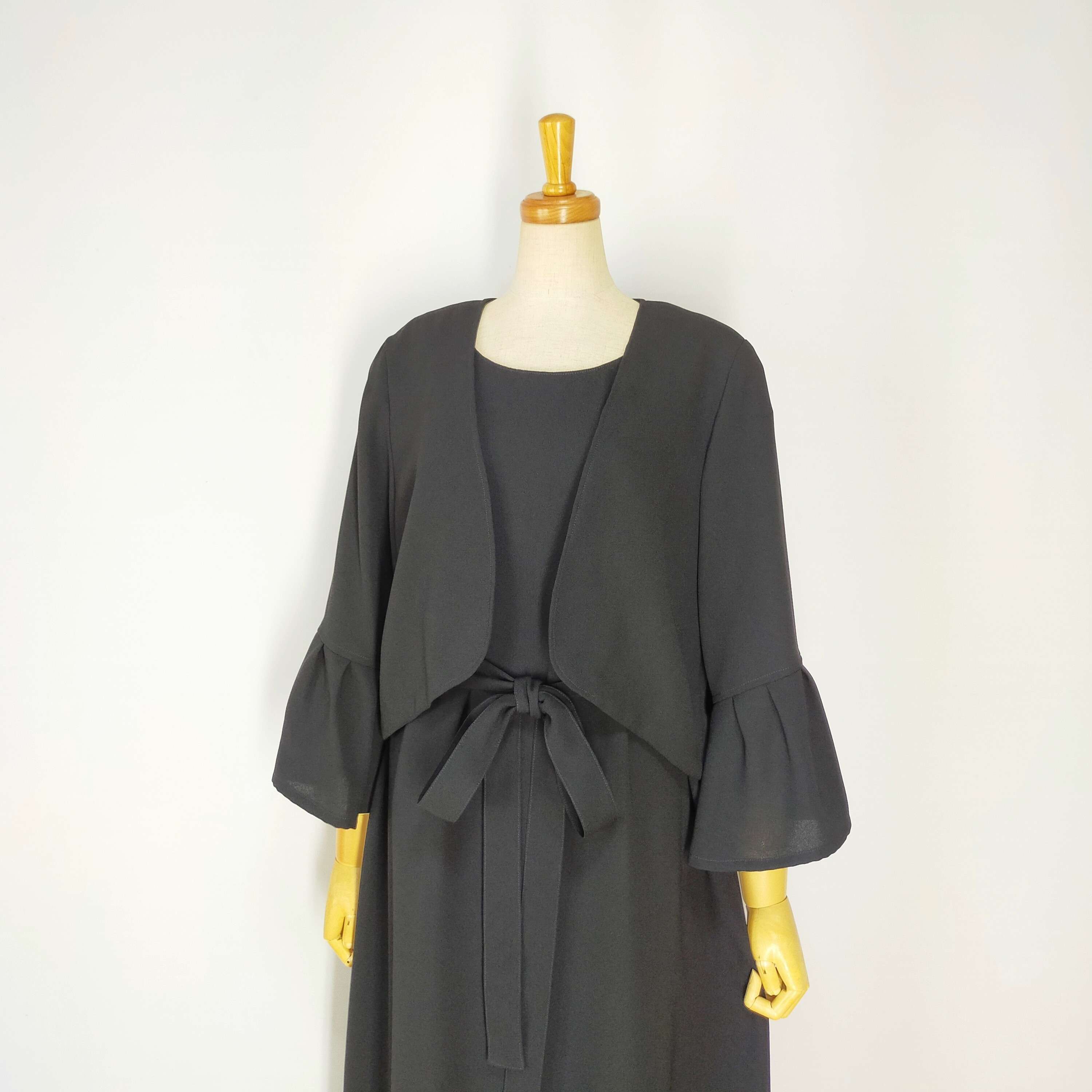 ⁂受注製作*ブラックフォーマル*アンサンブル*フレンチワンピ+ボレロ*黒ジョーゼット*裏付き*卒業式*M〜L*送料無料㊳