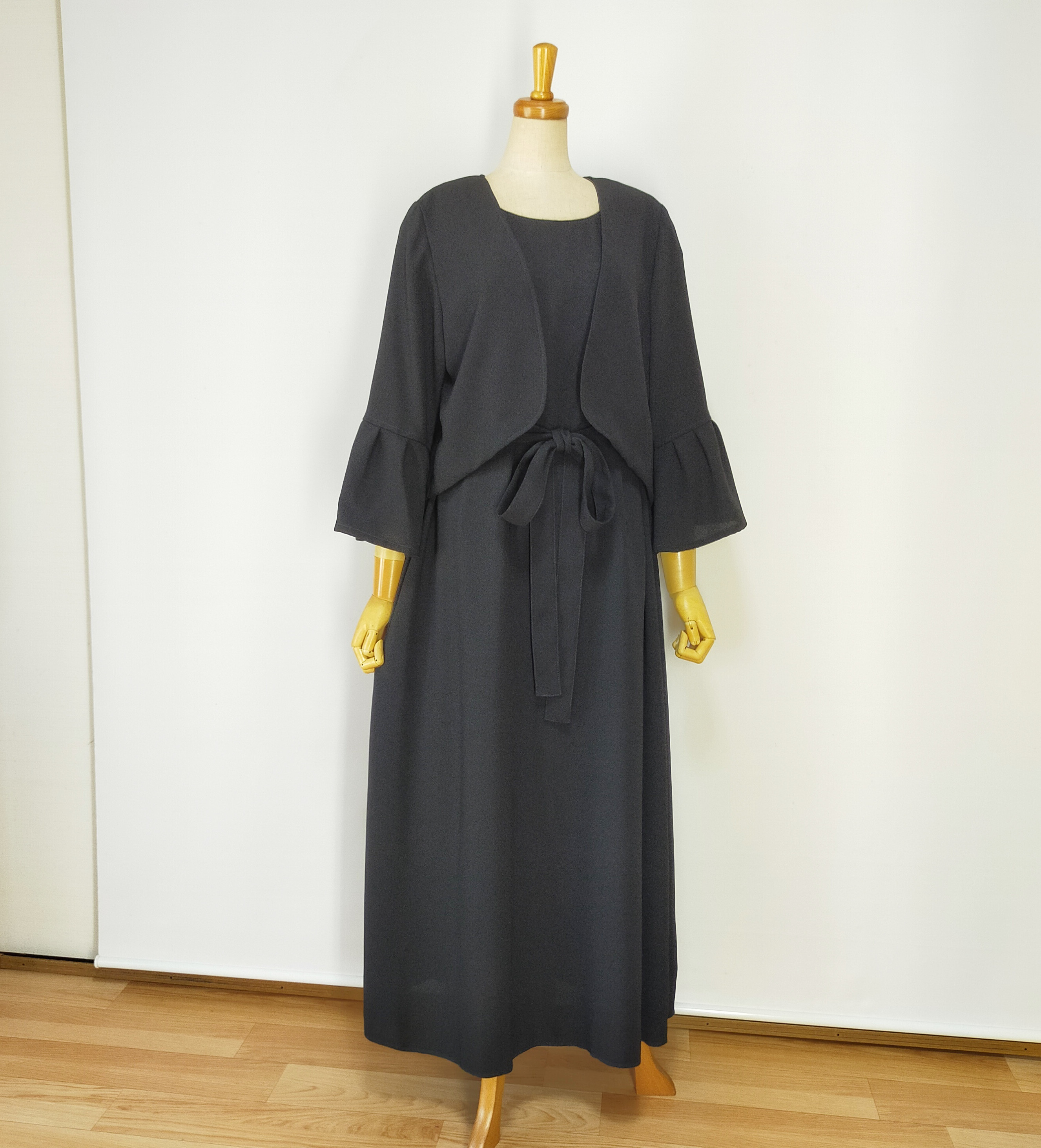 ⁂受注製作*ブラックフォーマル*アンサンブル*フレンチワンピ+ボレロ*黒ジョーゼット*裏付き*卒業式*M〜L*送料無料㊳