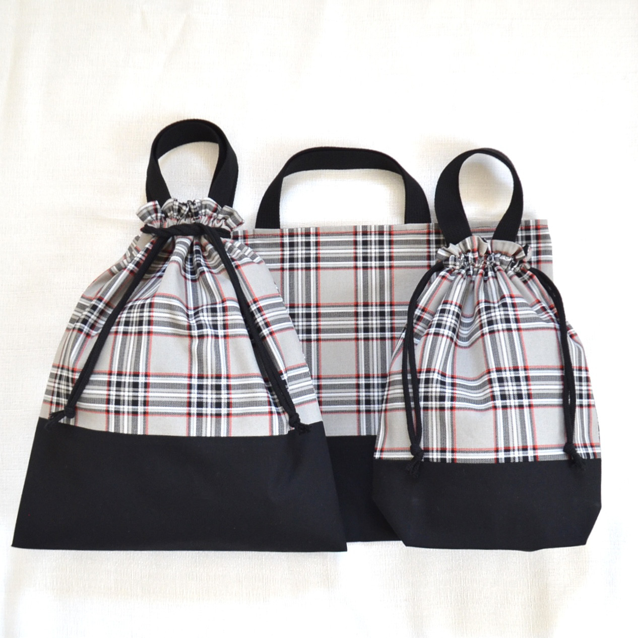 【受注制作】入園・入学準備　3点セット　タータンチェック柄　グレー　サイズオーダー可