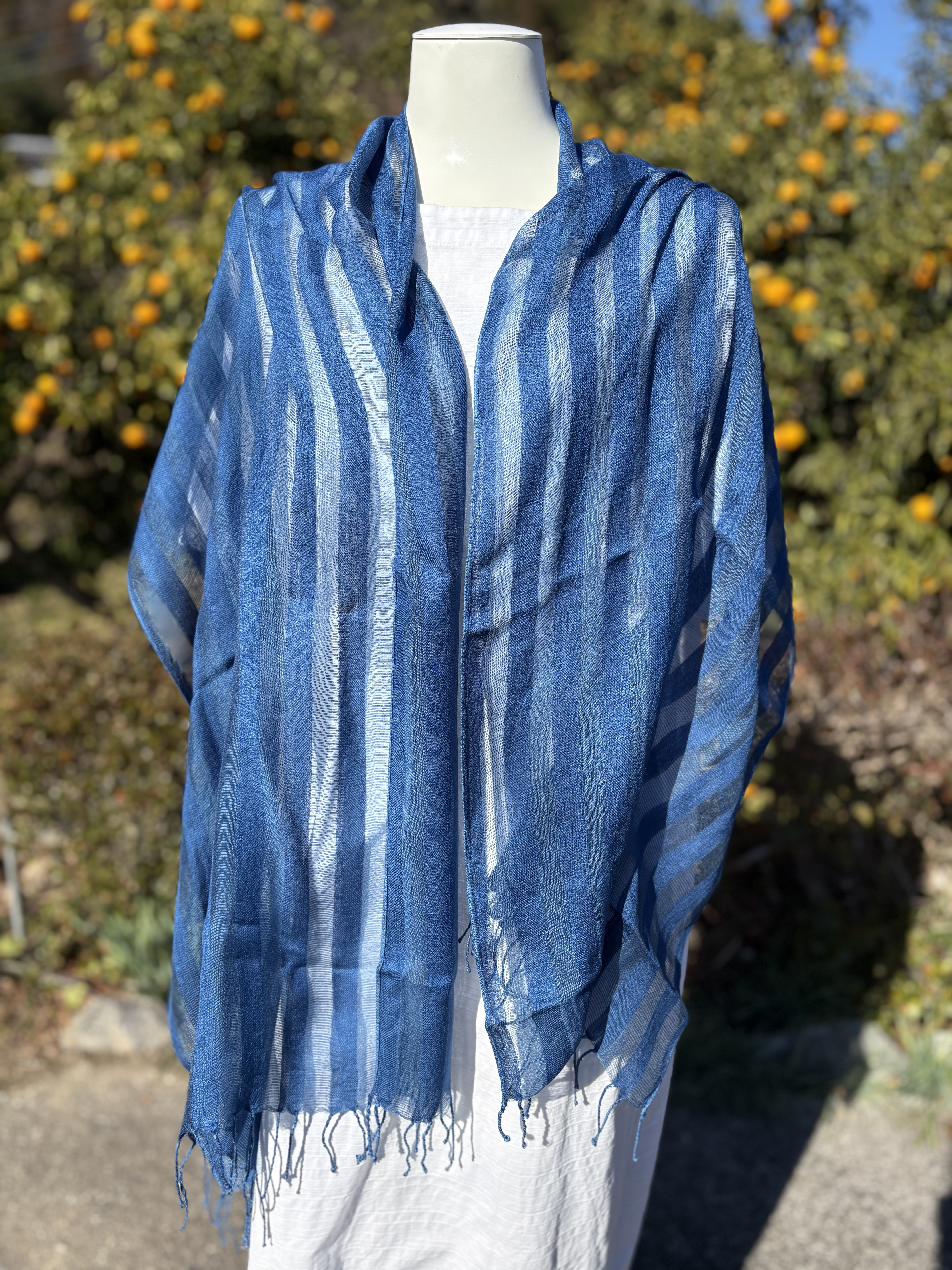 本藍染　大判シルクレーヨンストライプ 藍染ストール