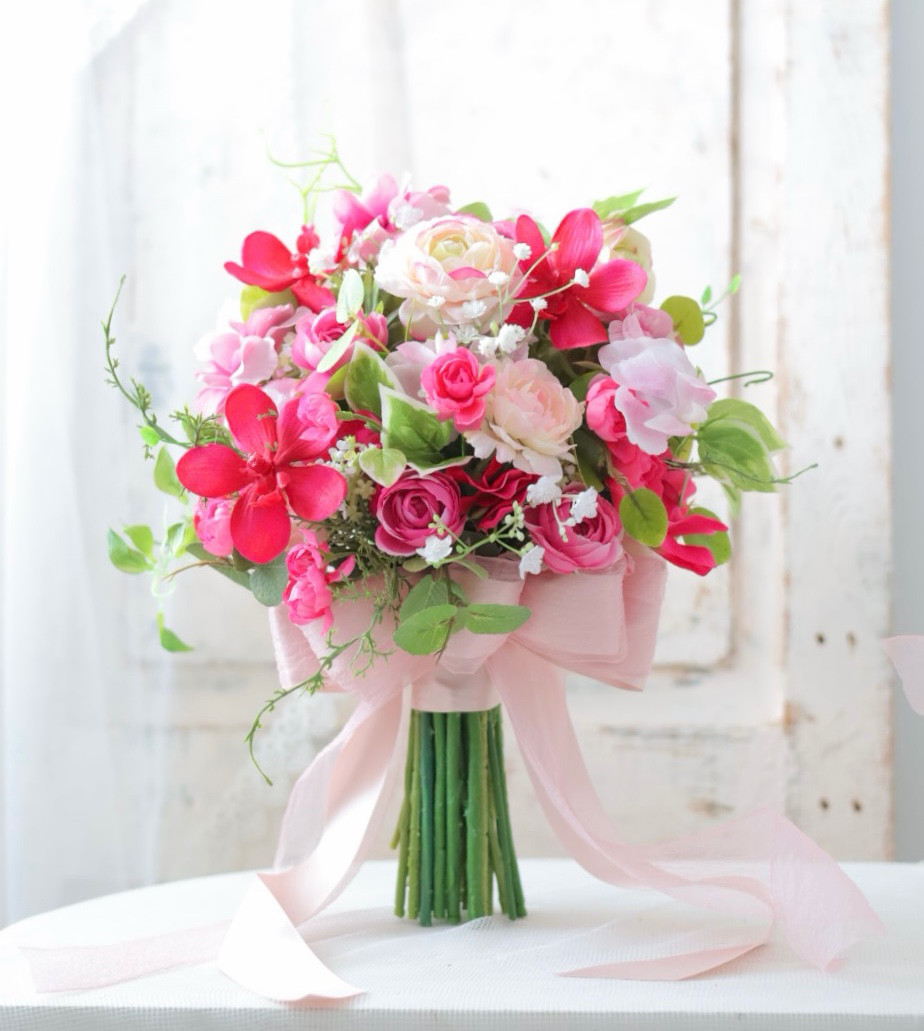 ロゼ.ヴェールブーケ　ウェディングブーケ　ブートニアセットピンクブーケ
