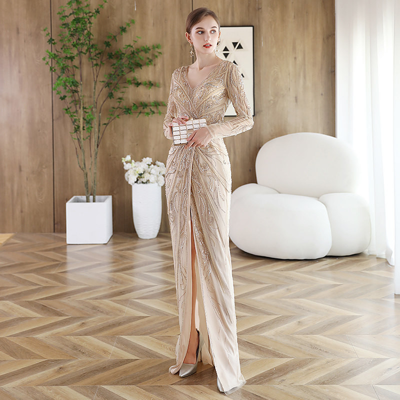 高級感 シャンパン色 長袖 きらきら マーメイドドレス スリム パーティー 演奏会 二次会 前撮り 披露宴 BL037