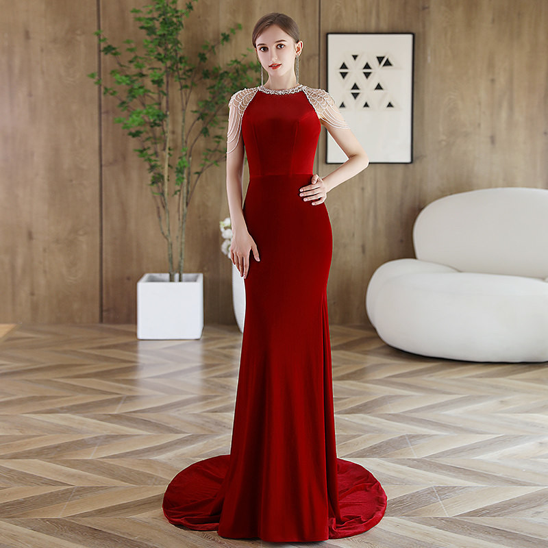 高級感 赤 裾引き スリム マーメイドドレス 花嫁 結婚式 誕生日 演奏会 二次会 前撮り 披露宴 BL040