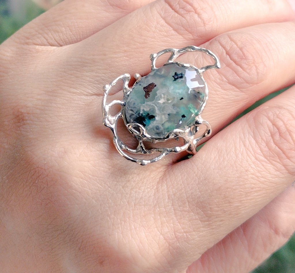 フリーサイズ・SV925・銅入りカルセドニーの指環：《あなたを夢見る/Rêve de toi》