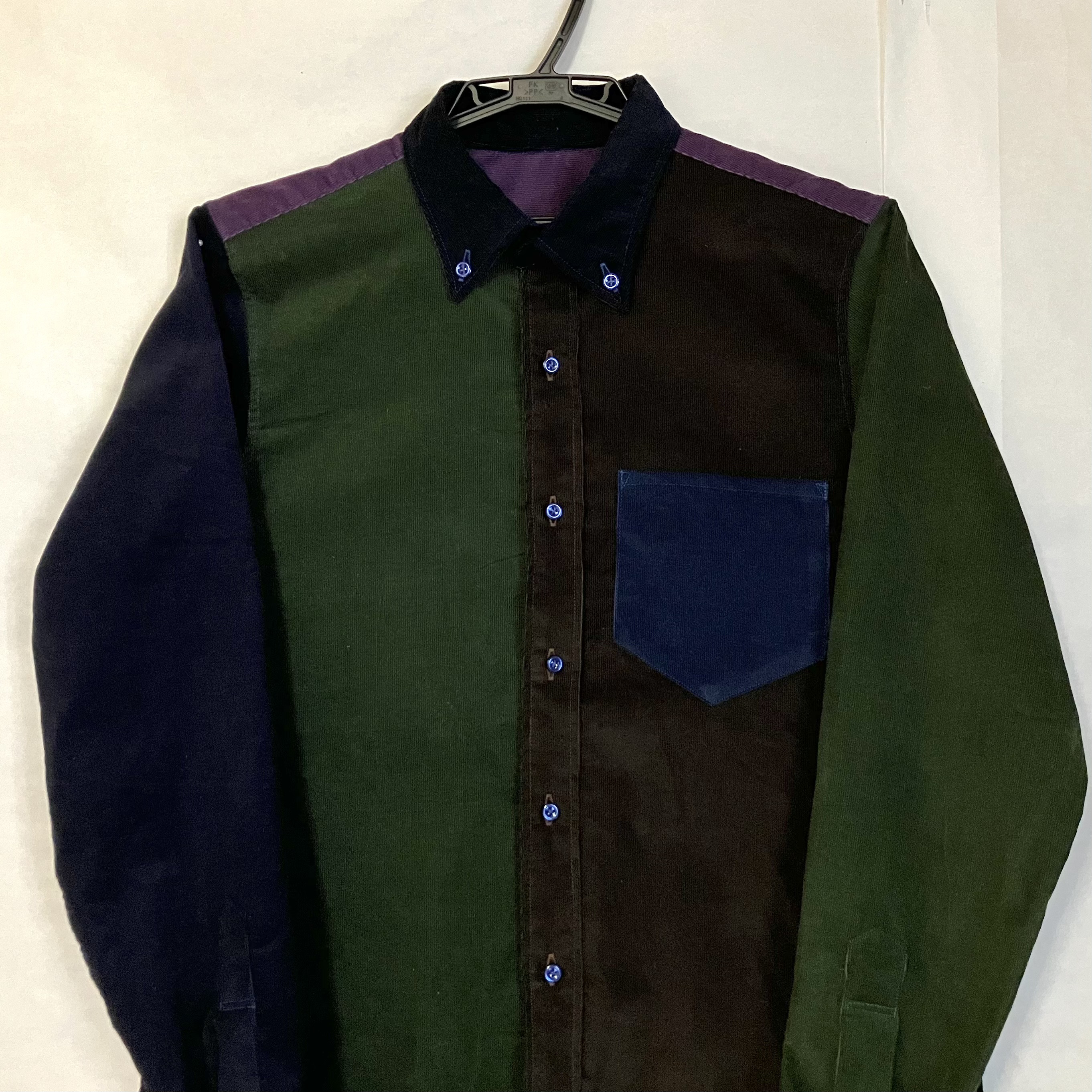 Preppy Classic｜一点もの｜コーデュロイ パッチワーク|ネイビー×グリーン|長袖シャツ｜メンズM