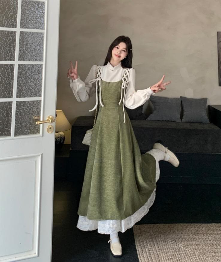 新品 大きいサイズ 秋冬 長袖 ロング ワンピース 重ね着風 緑　レトロ ju