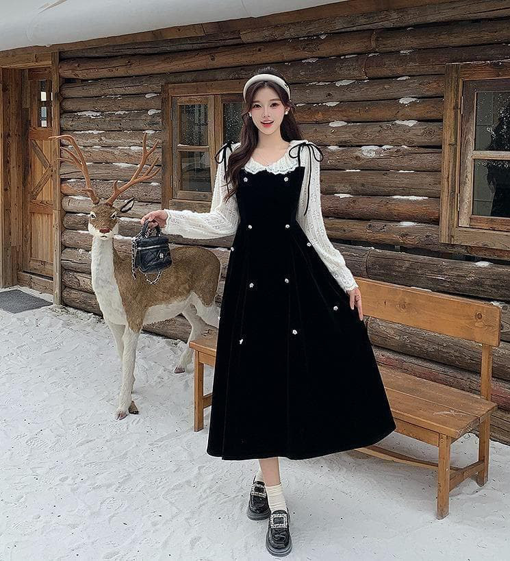 新品 大きいサイズ 秋冬 韓国風 ベロア ワンピース レース 重ね着風　 黒ｋ