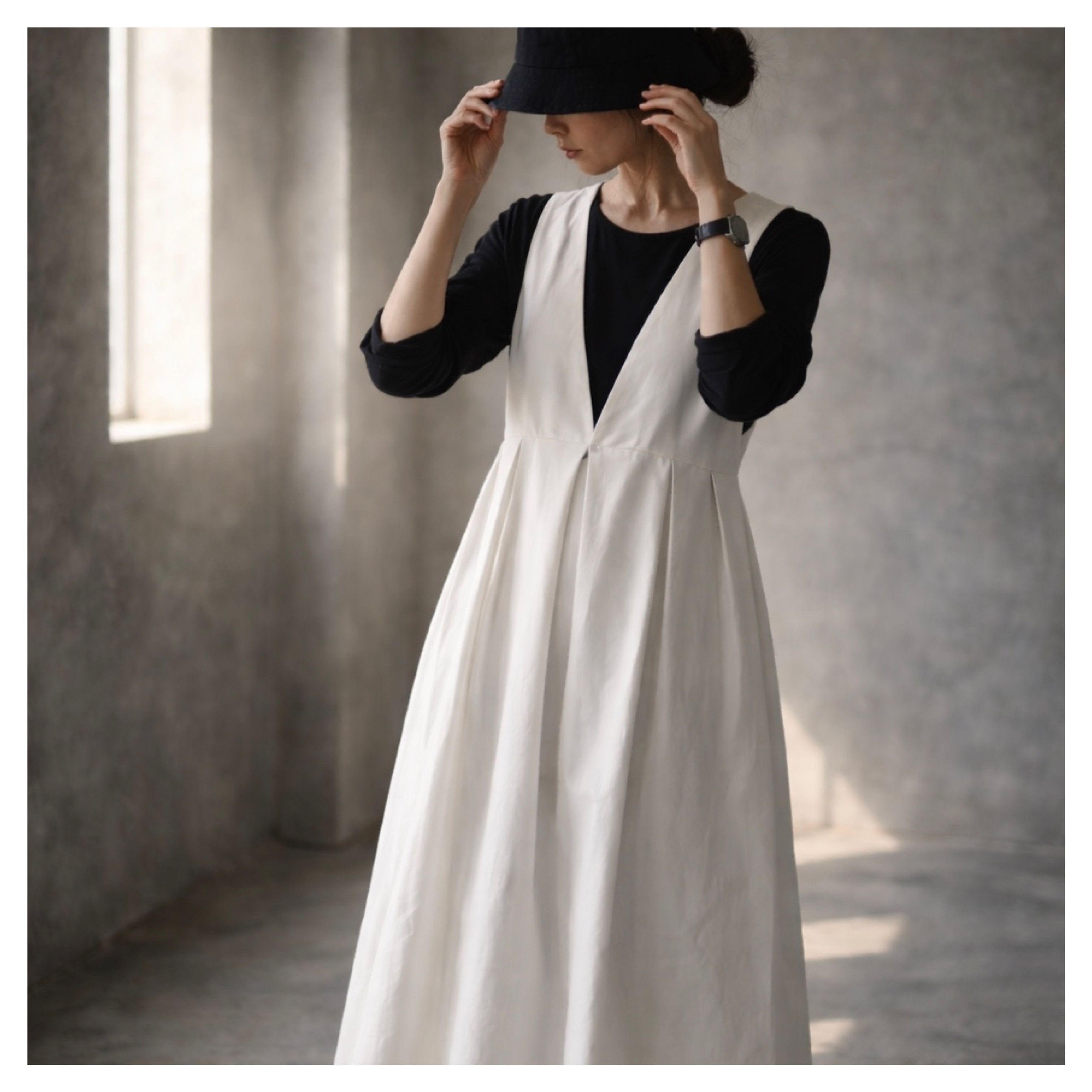 【サイズSM-LL】後ろ姿が綺麗な岡山県児島デニムワンピース／くったり6オンスソフトデニムジャンパースカート／ホワイト