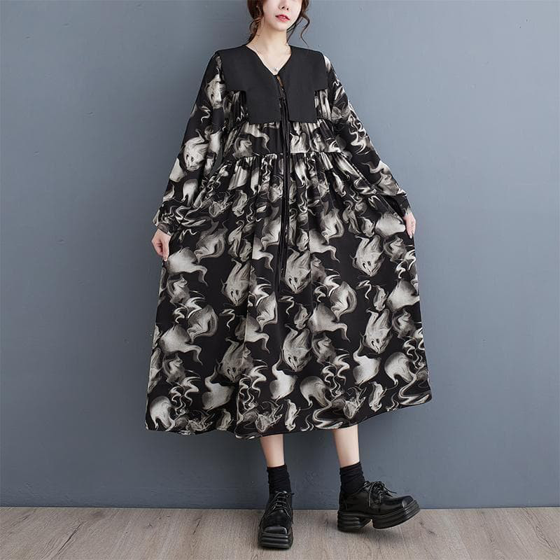 新品 大きいサイズ ゆったり 花柄 レトロ ワンピース ショール 黒 春 秋冬ｈ