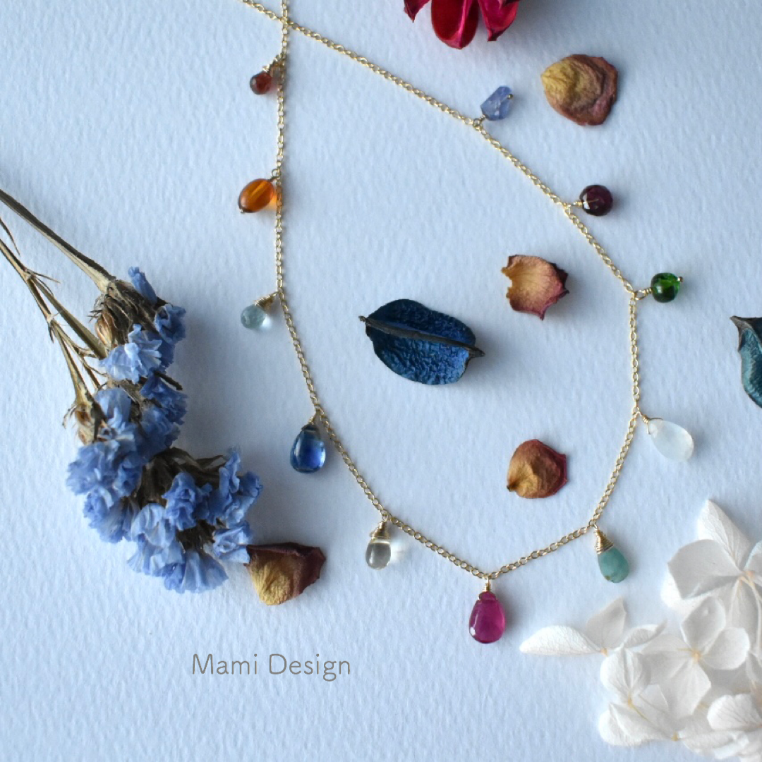 1点もの◆14KGF 天然石のカラフルマルチカラーネックレス ルビー