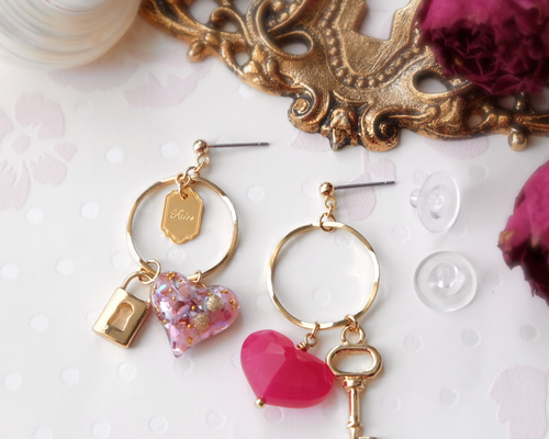 Open Your Heart️》クォーツ×ハートのキーリングピアス / イヤリング