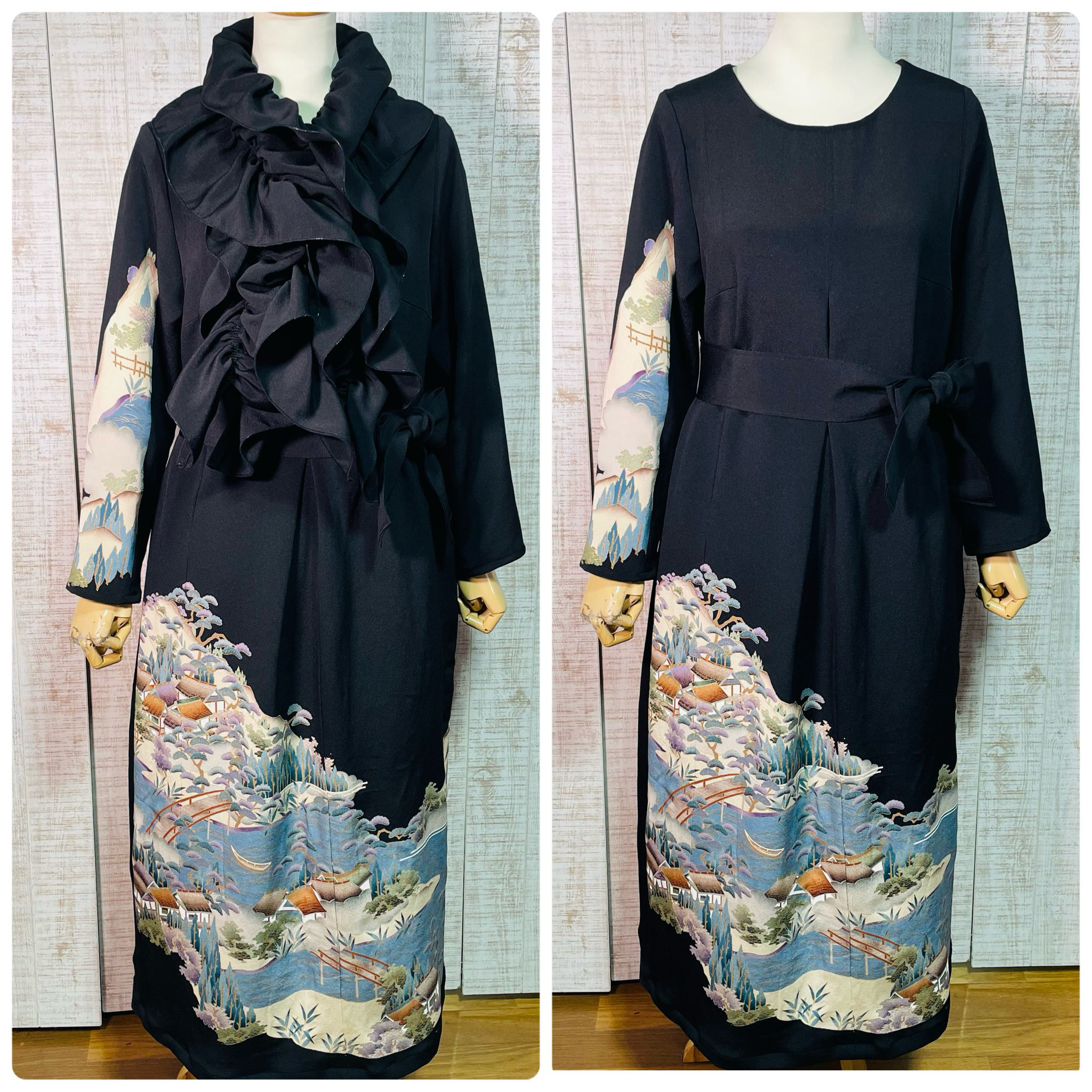 水辺に家屋・橋模様正絹黒留袖ワンピースＬ～ＬＬ＆ギャザーストール