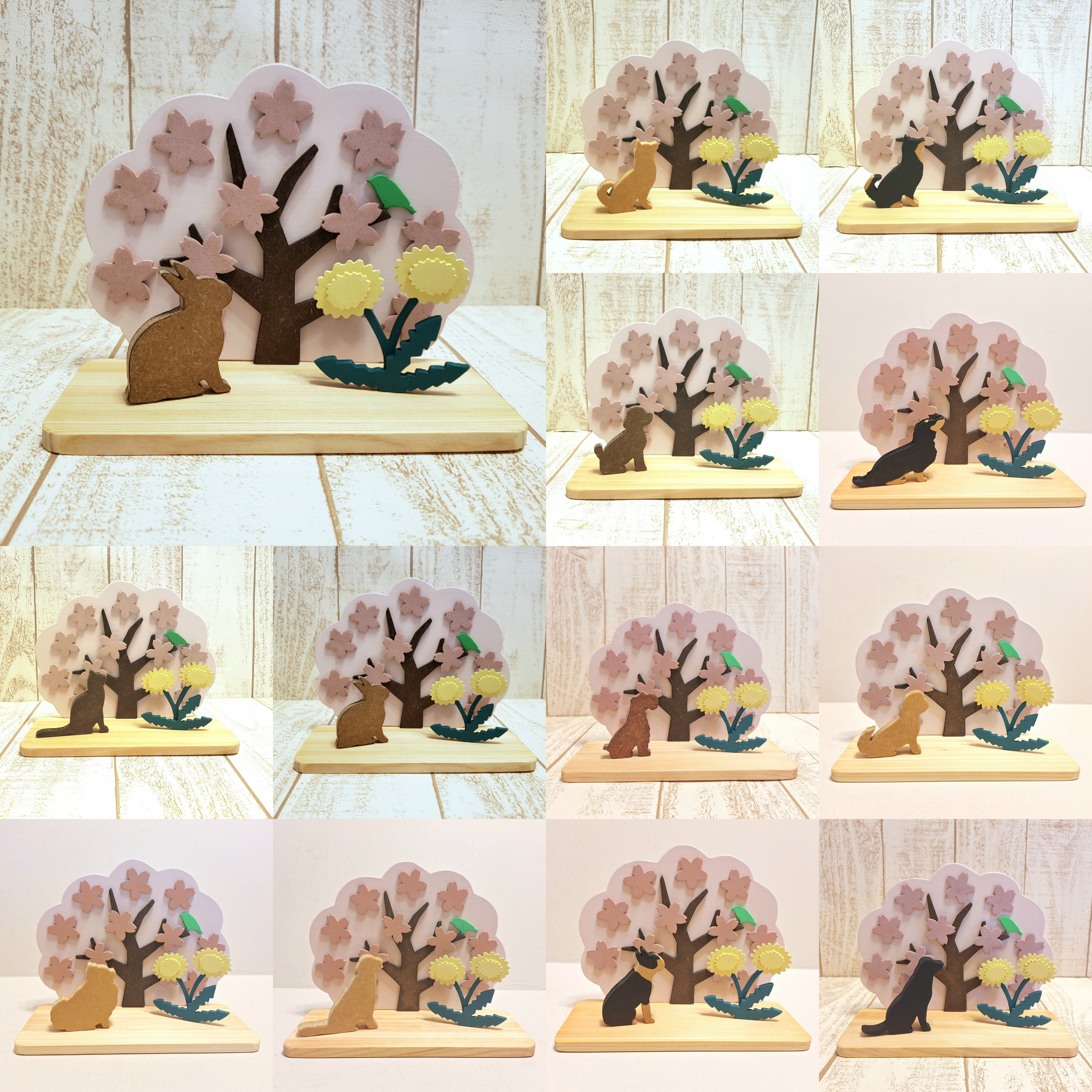猫の日2026【受注制作】桜と動物の木製置物（選べる犬種・猫、うさぎなど動物／色変更可）お花見・春の季節飾り