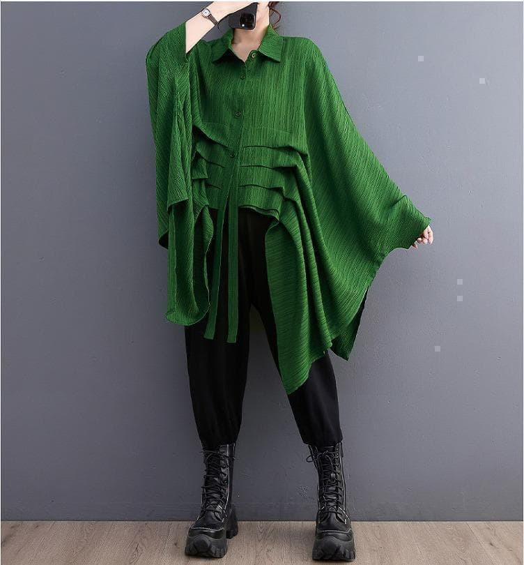 新品 大きいサイズ ゆったり チュニック シャツ ブラウス 緑 春 秋　アシメg