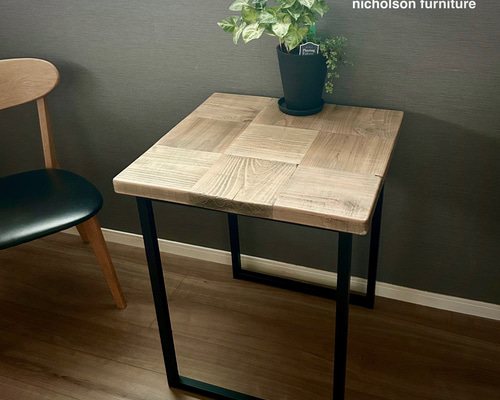 カフェテーブル 古材 足場板モザイク アイアン スクエア脚 ダイニング