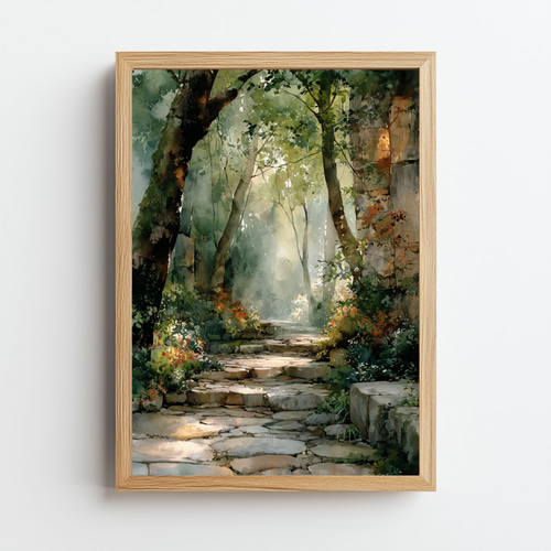 木漏れ日の森の小道｜幻想的 水彩×水墨画アート 自然、風景画