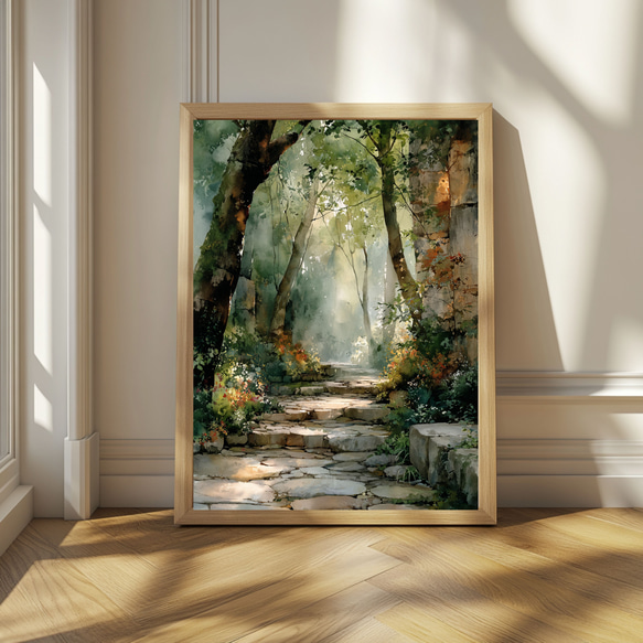 木漏れ日の森の小道｜幻想的 水彩×水墨画アート 自然、風景画