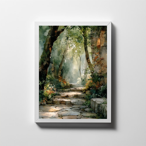 木漏れ日の森の小道｜幻想的 水彩×水墨画アート 自然、風景画