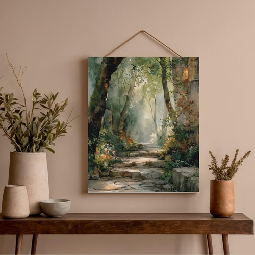 木漏れ日の森の小道｜幻想的 水彩×水墨画アート 自然、風景画