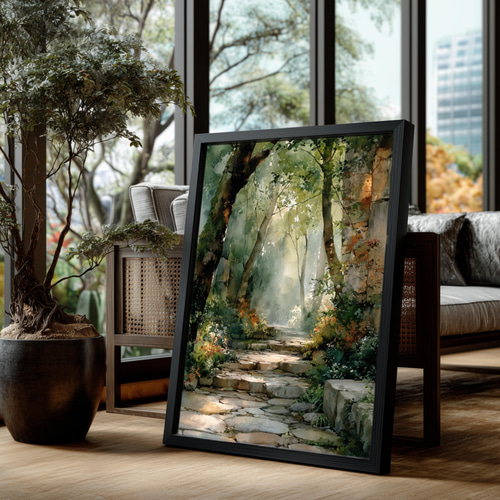 木漏れ日の森の小道｜幻想的 水彩×水墨画アート 自然、風景画