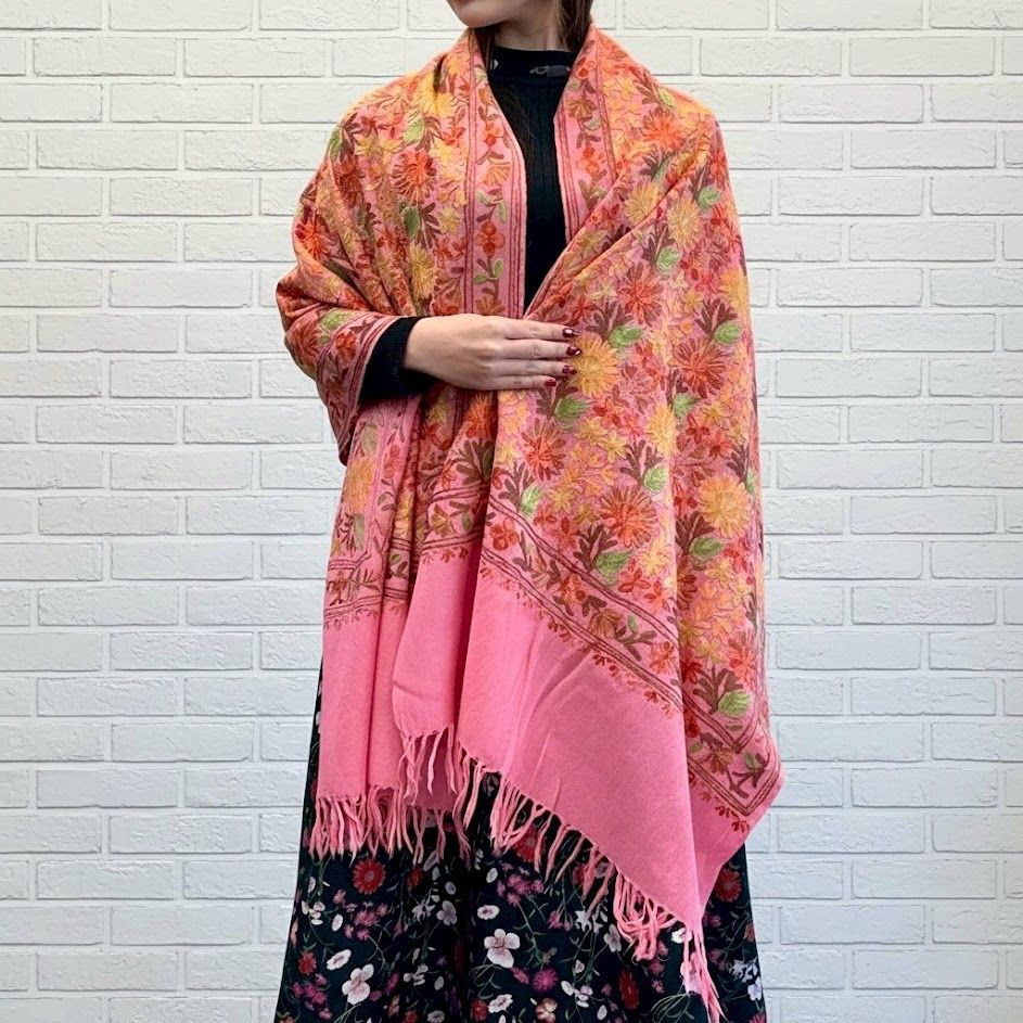 ショール カシミール刺繍 メリノウール Merino Wool 大判 シルク刺繍 ピンク×フラワー インド製 一点物