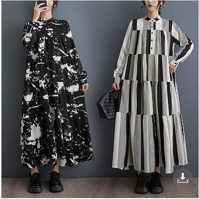 大きいサイズ新品ゆったり ロングワンピース ストライプ フリル 黒秋冬長袖