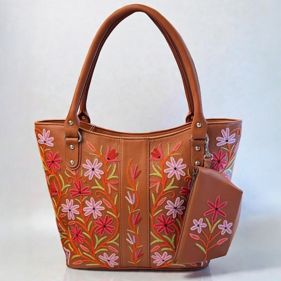 トートバッグ 牛革 シルク刺繍 フラワーモチーフ 付属ポーチ付き ハンドメイド 一点物 本革 付属ポーチ付き 上質