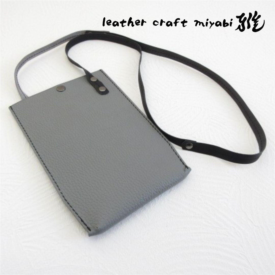 手縫い♪《牛革》２WAYサコッシュ・フラットミニ・シュリンクレザー・グレー・096・復刻