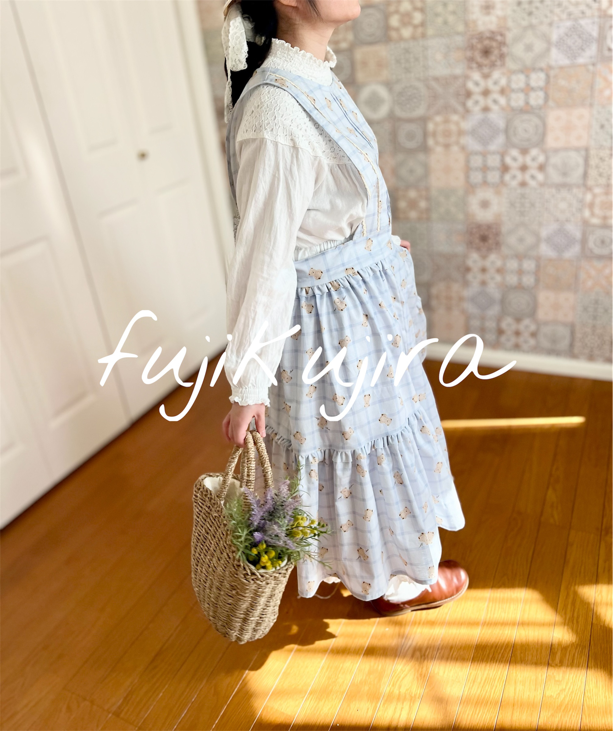 くまさんのエプロンワンピース　ライトブルー