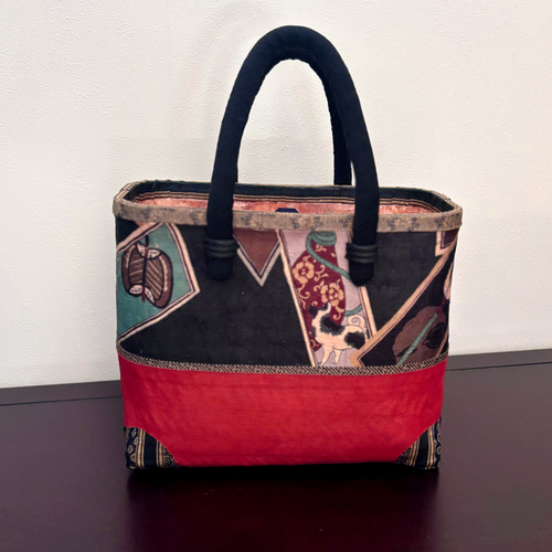 ヴィンテージ着物裏地 わんこ＆笹（Mサイズ）かごバッグ 一閑張り