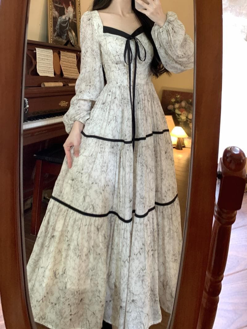 ヴィンテージ風ロングワンピース 大きいサイズドレス 新品秋冬長袖レトロ