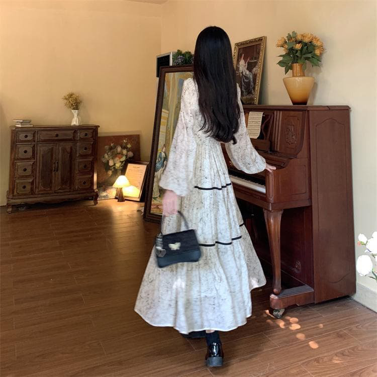 ヴィンテージ風ロングワンピース 大きいサイズドレス 新品秋冬長袖レトロ