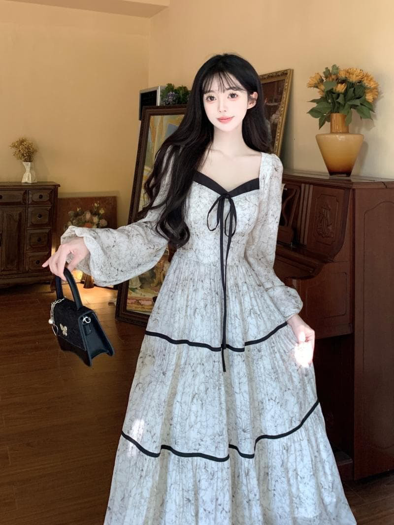 ヴィンテージ風ロングワンピース 大きいサイズドレス 新品秋冬長袖レトロ