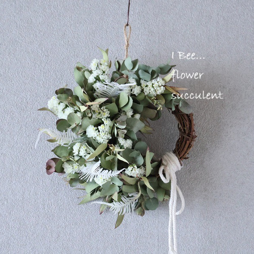 春新作！ホワイト×グリーンのドライフラワーリース ドライフラワー I