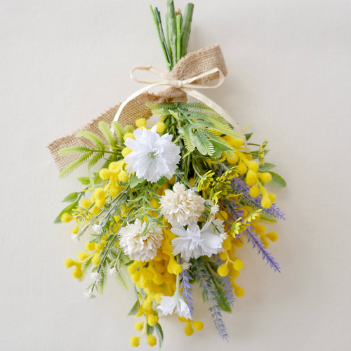 ミモザの春スワッグ｜小花×ラベンダー｜玄関・壁飾り・ギフト
