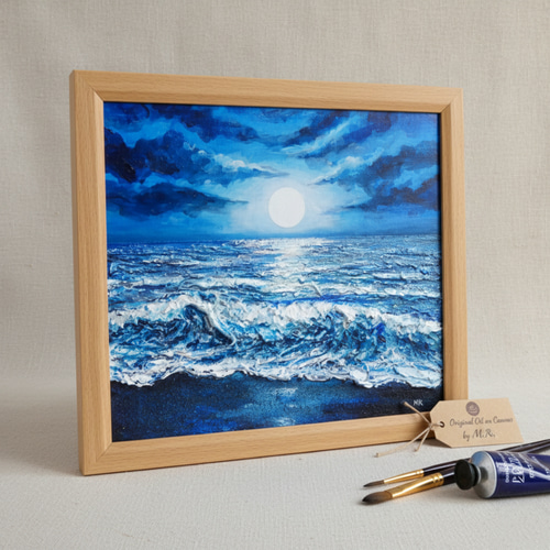 油彩画『月明かりの海』夜の静寂と波のきらめき｜原画・一点物 絵画