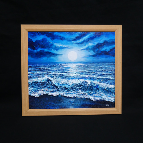 油彩画『月明かりの海』夜の静寂と波のきらめき｜原画・一点物 絵画