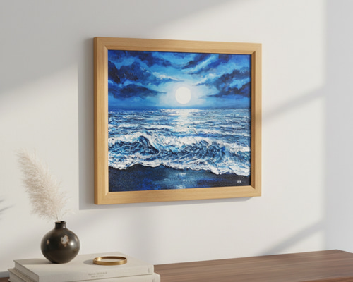 油彩画『月明かりの海』夜の静寂と波のきらめき｜原画・一点物 絵画