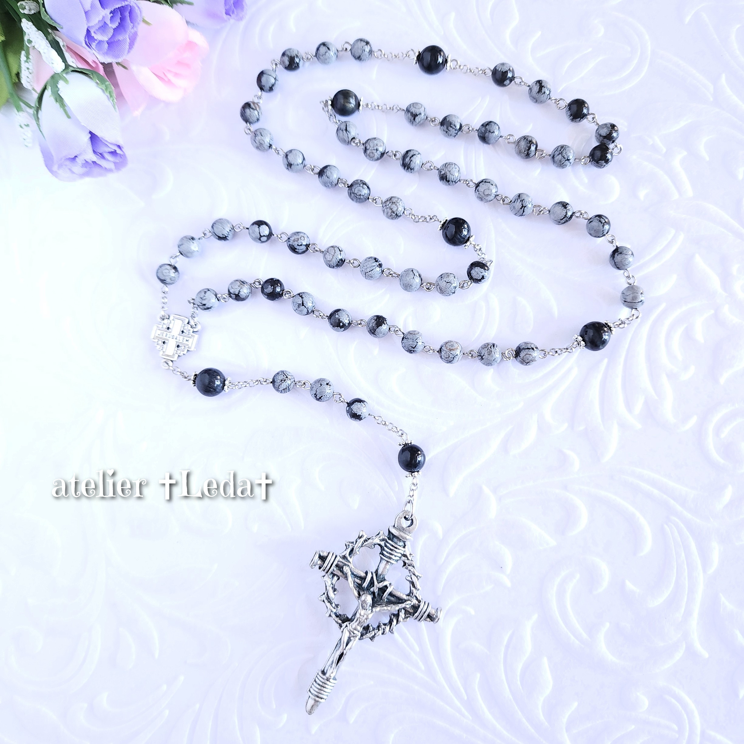 ☆スノーフレーク オブシディアン＆ホークスアイ ロザリオ☆ ~snowflake obsidian~