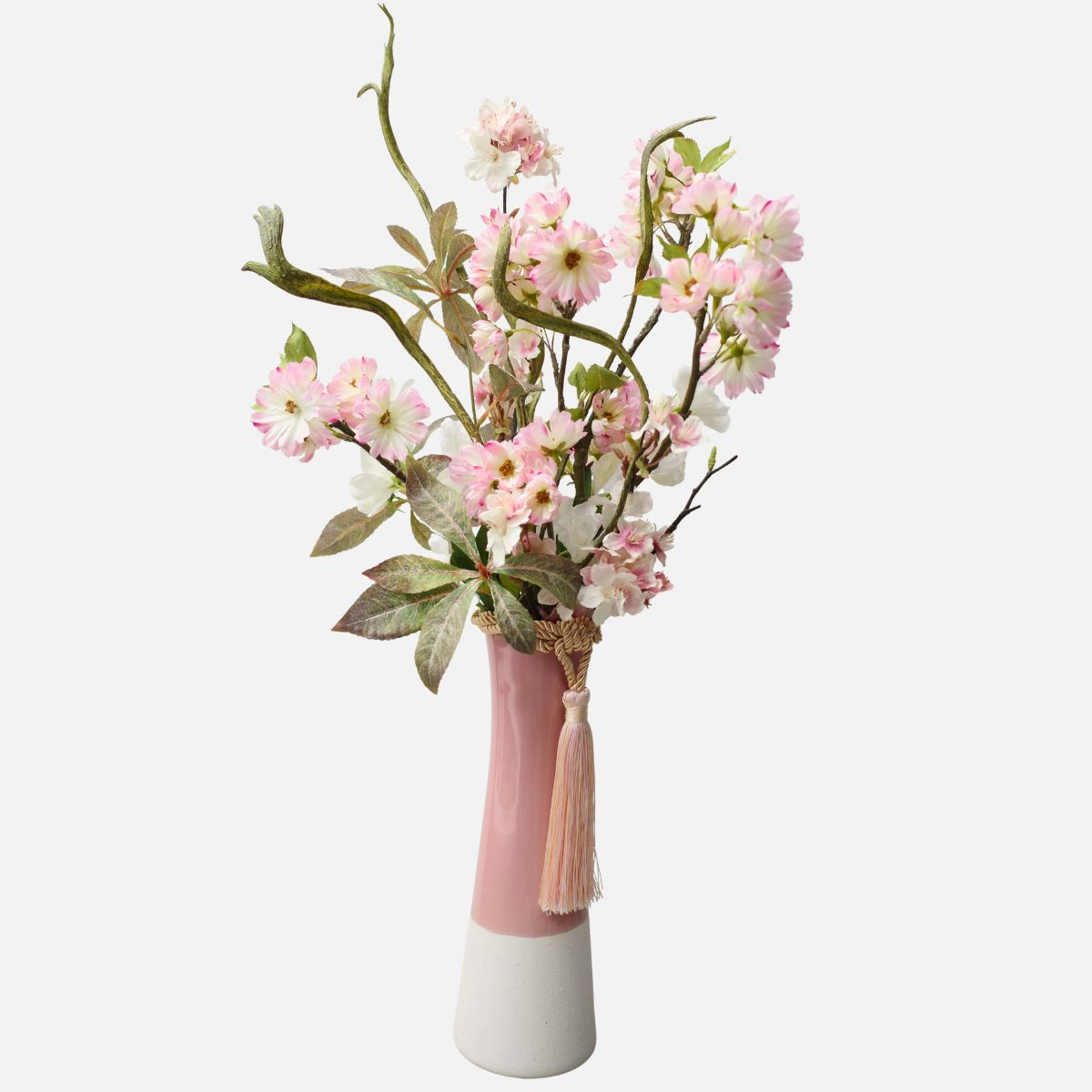 【一点もの】桜の大きめアレンジ｜淡いピンクの八重桜と花器付きアレンジ