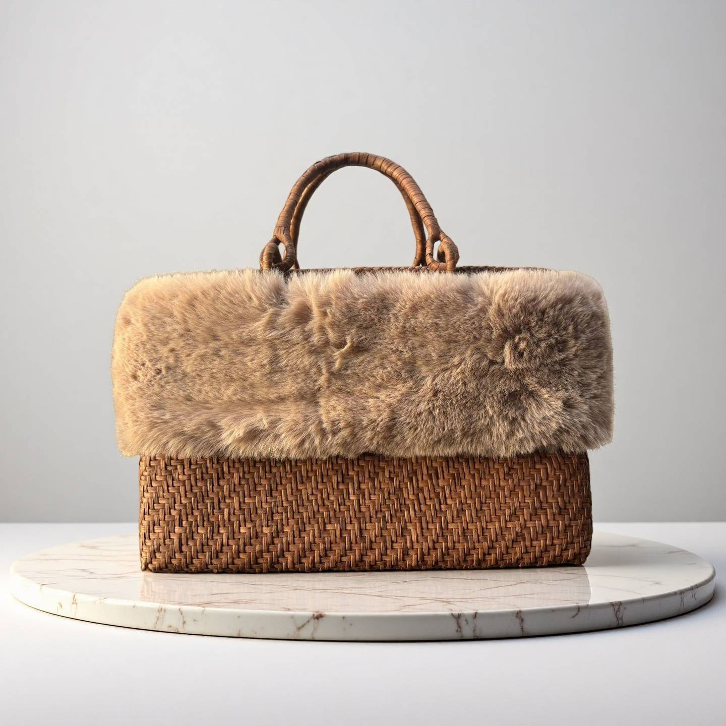 【ファー付き】山葡萄かごバッグ 手作り 細ひご 網代編み 定番 内布あり (約)幅32×本体高さ21×マチ10cm